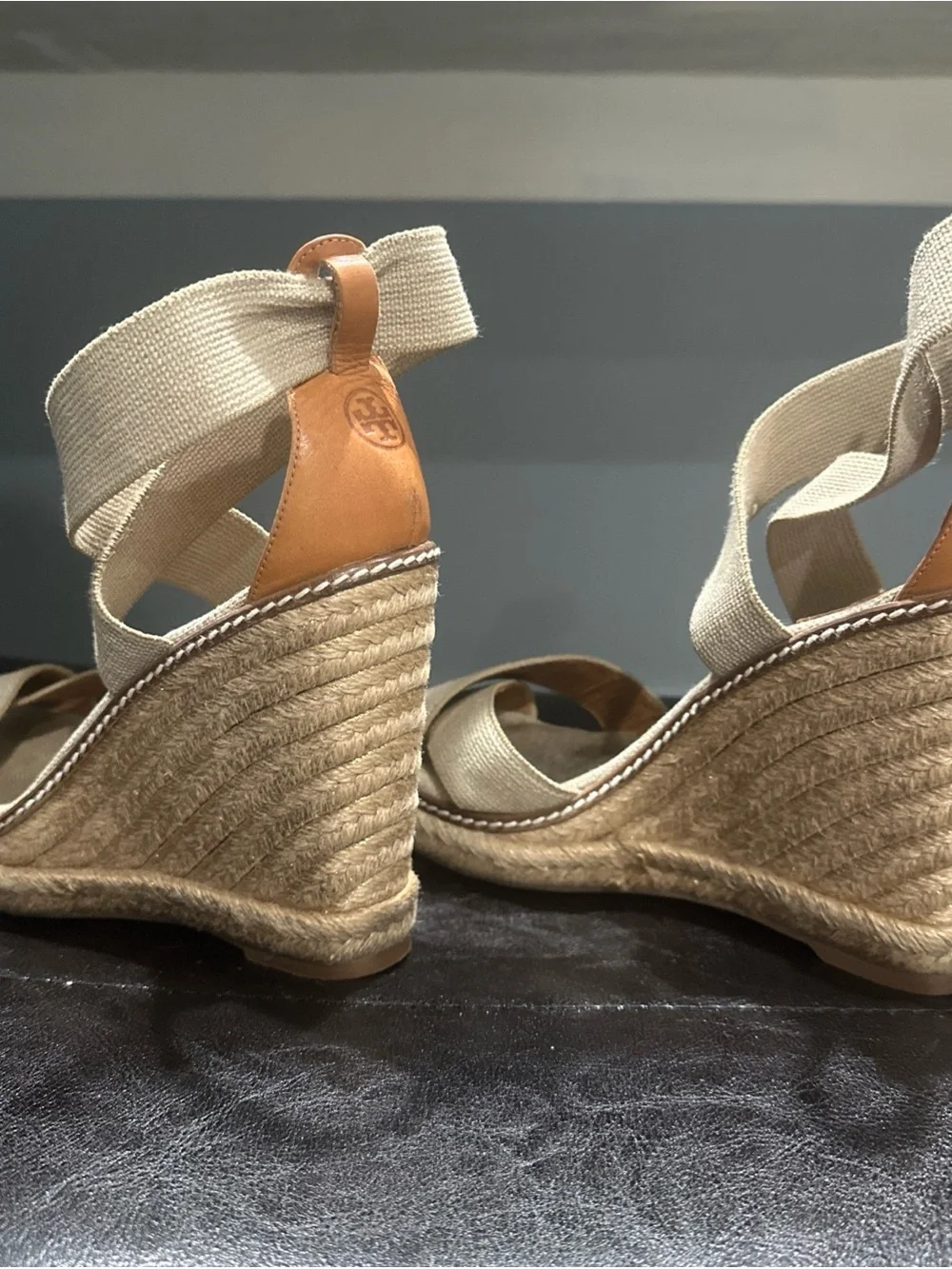 Tory Burch Frieda Espadrille Wedge Sandals Beige Ankle Strap Women 7.5M